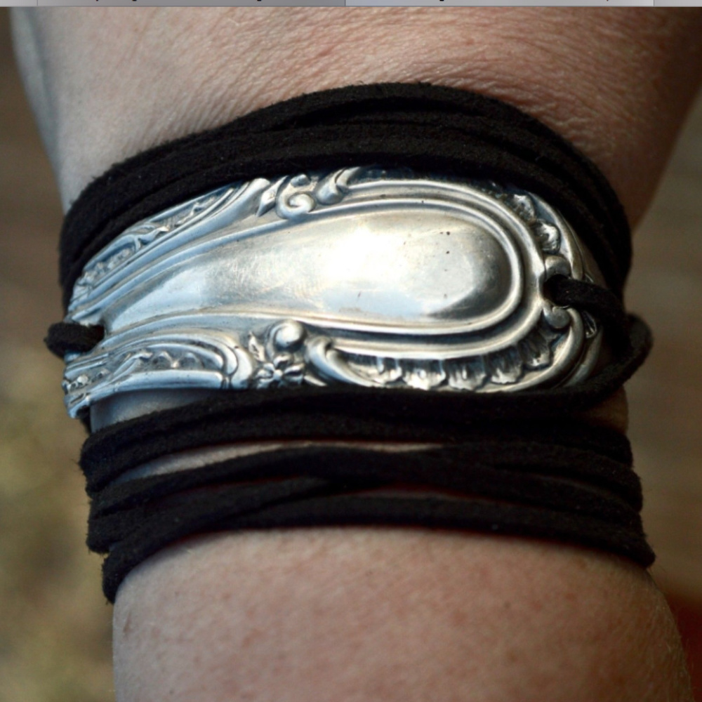 Sterling Silver Yoga Tie Wrap Bracelet Cuff Suede 925 Gorham Antique leather - Picture 5 of 7